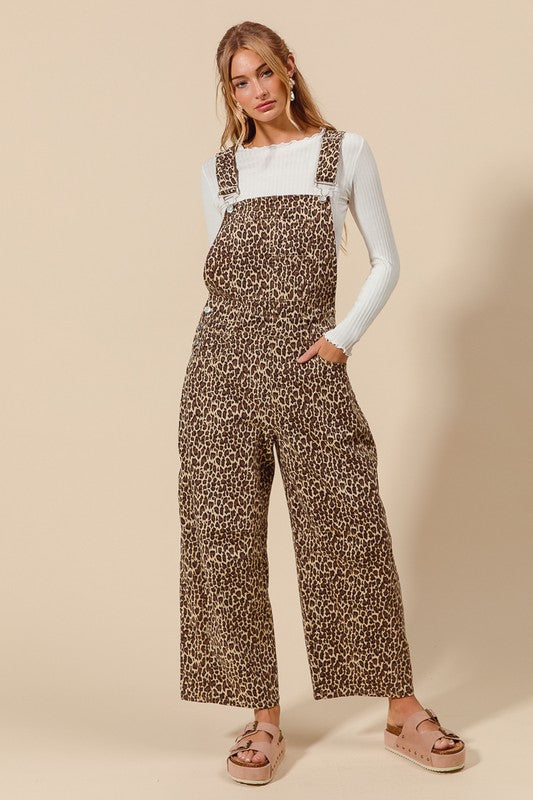 Leopard Denim Overalls Jumpsuit Oatmeal