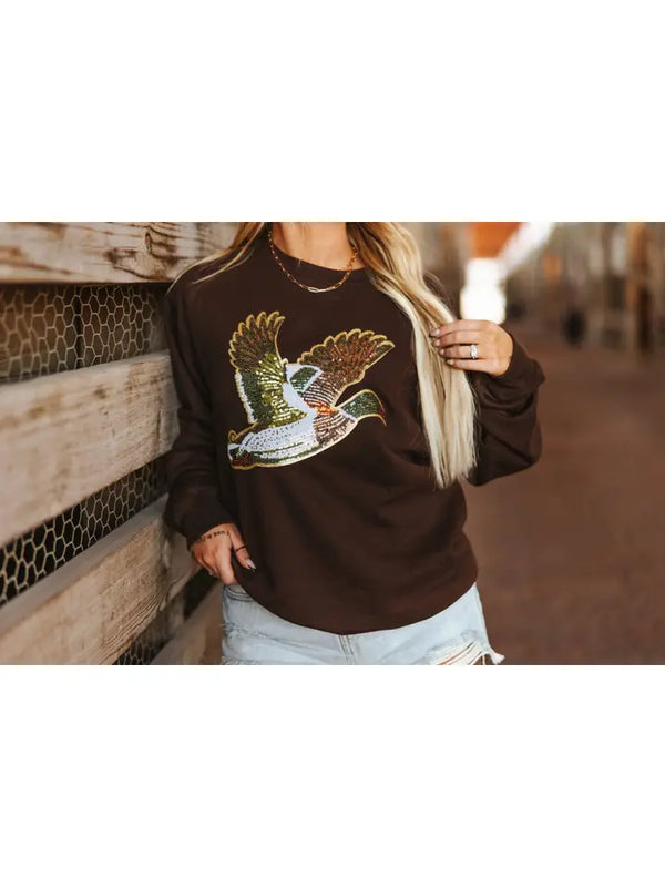 Sequin Mallard Duck Patch Sweatshirt Brown