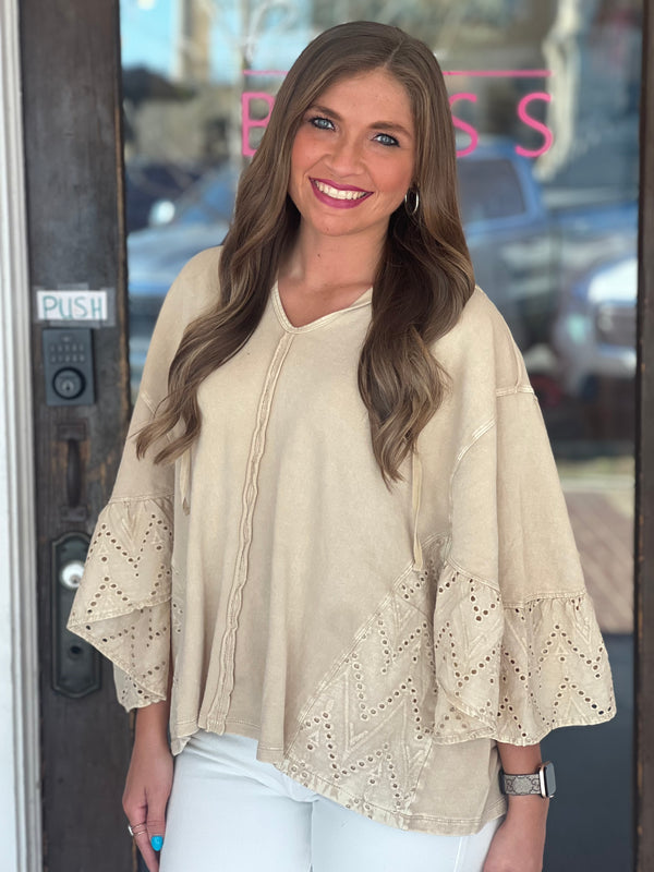 Eyelet Lace Hooded Pullover Khaki