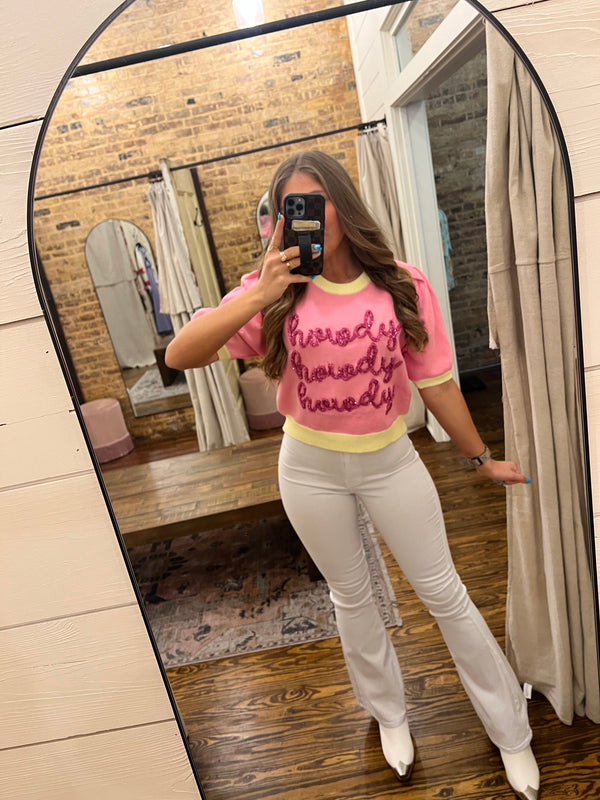 Howdy Thread Puff Sleeve Sweater Top Baby Pink