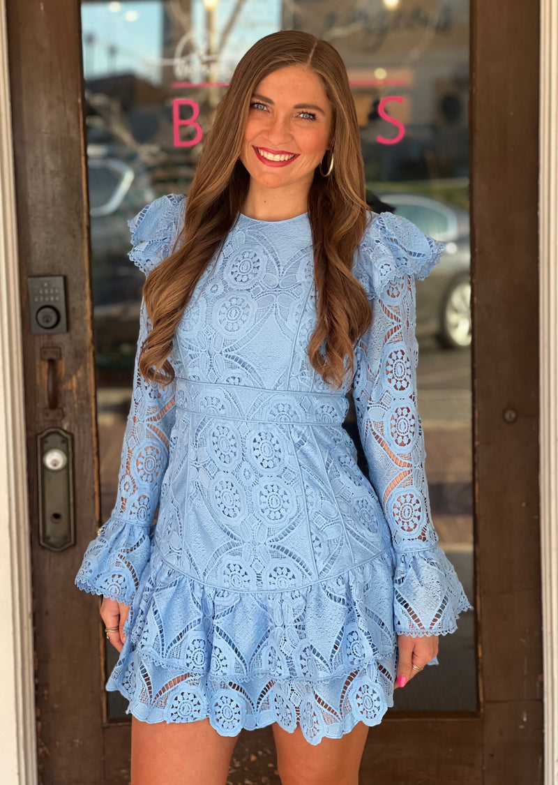 Lace Ruffled Long Sleeve Tiered Mini Dress Skyblue - Southern Fashion Boutique Bliss Lace Ruffled Long Sleeve Tiered Mini Dress Skyblue - Southern Fashion Boutique Bliss