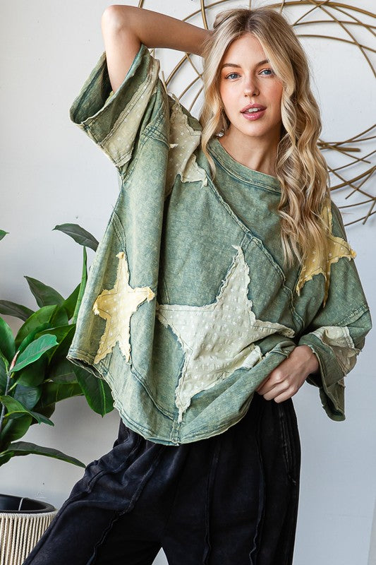 Washed Star Patchwork Short Sleeve Top Green