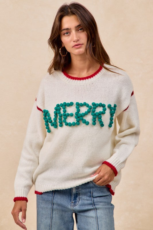 Christmas Pompom LatterMerry Sweater Top Ivory