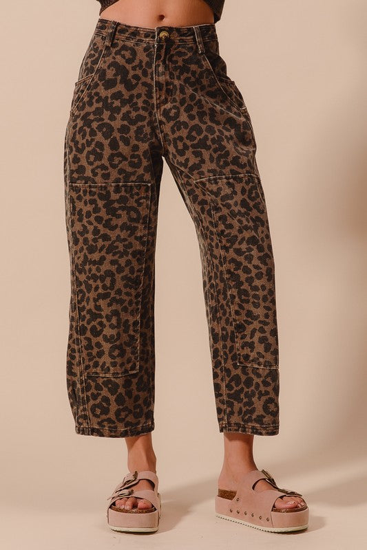 Twill Mid Rise Wide Leg Pants Mocha Leopard