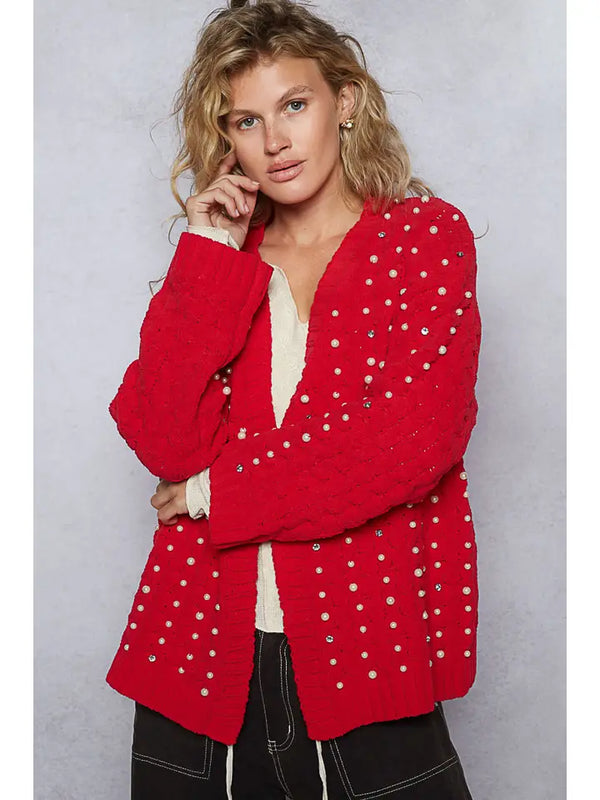 Pearl Chenille Cardigan Cherry Red