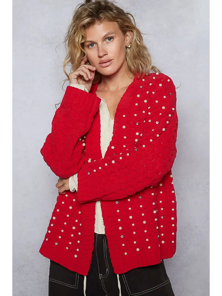 Pearl Chenille Cardigan Cherry Red