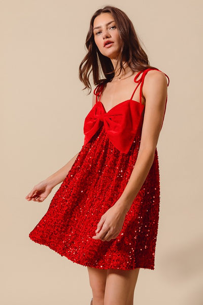 Velvet Sequin Babydoll Holiday Dress Red