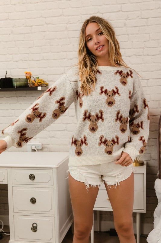 Rudolph Pattern Christmas Knit Sweater Ivory