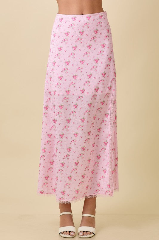 Satin Floral Midi Skirt Pink