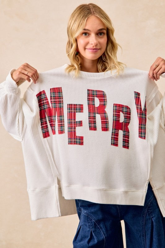 Christmas Plaid Merry Lettering Waffle Top White