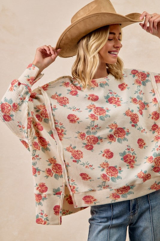 Floral Print Oversized Waffle Thermal Top Oatmeal