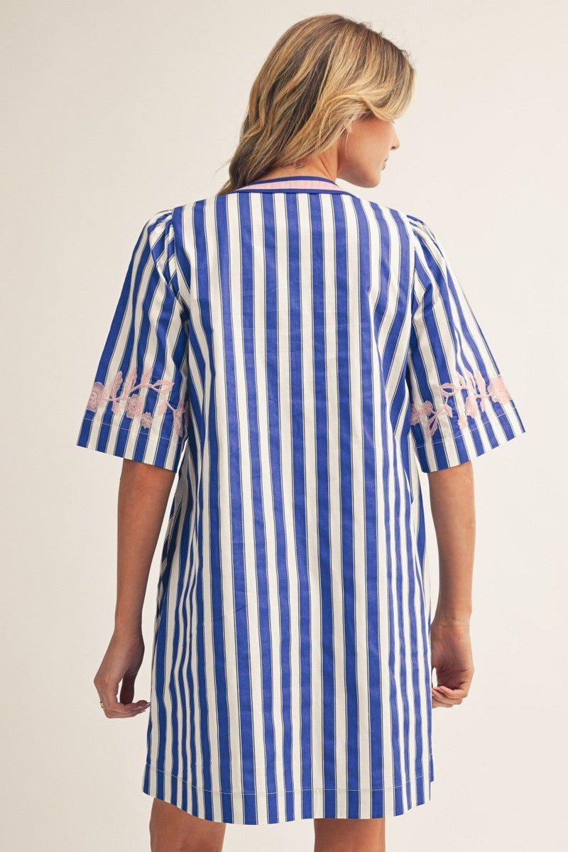 Embroidery Detail Stripe Shift Dress Blue