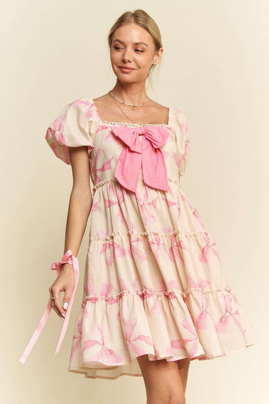 Bow Printed Tiered Dress Pink