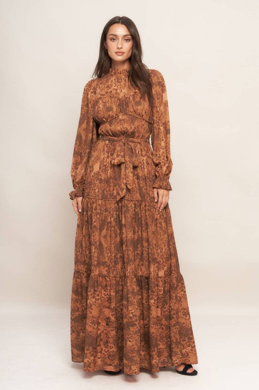 printed maxi dress with sleeves Sample Printed Tie Neck Long Sleeve Maxi Dress