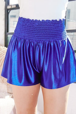 Smocked Foil Coated Shorts Blue