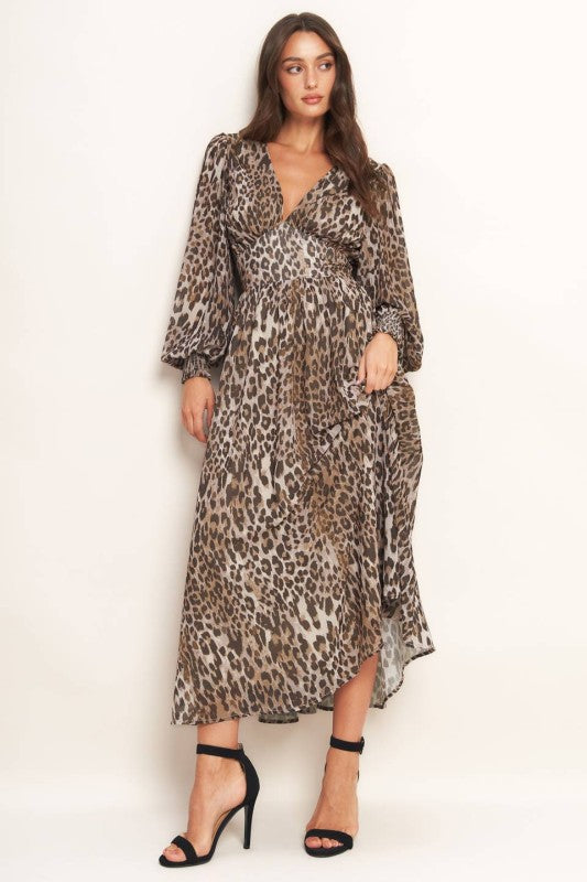 Smocked Cuff Printed Woven Mini Dress Taupe Brown