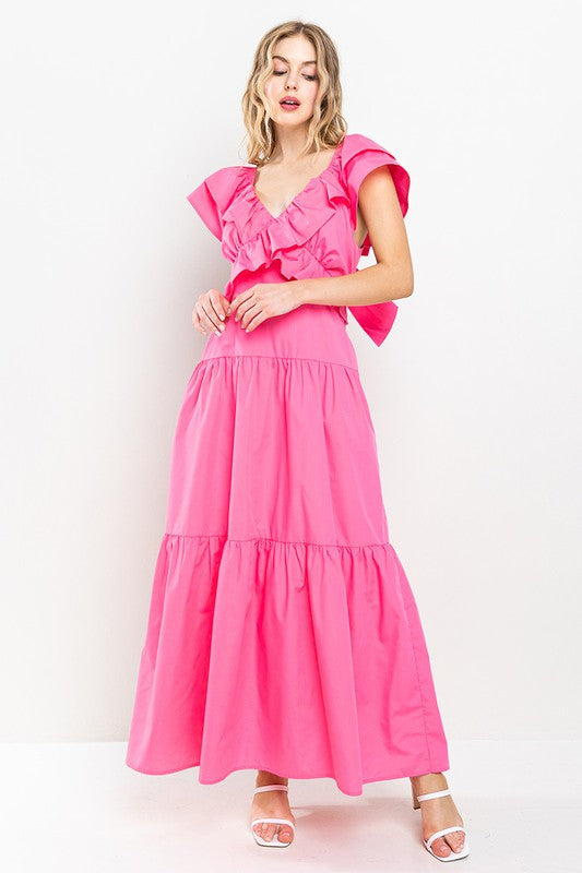 fitted lace wedding dress Ruffle Tiered Back Tie Maxi Dress Pink