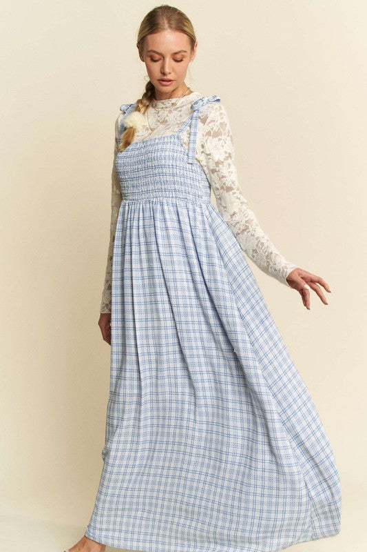 Plaid Smocking Maxi Dress Blue
