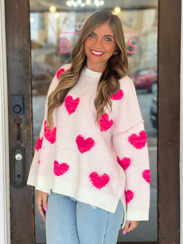 3D Heart Embordered Loose Fit Sweater White/Pink