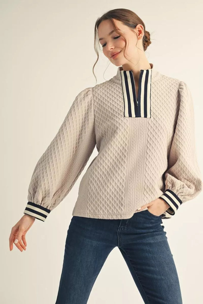 Long Puff Sleeves Front Zip Up Top Beige - Southern Fashion