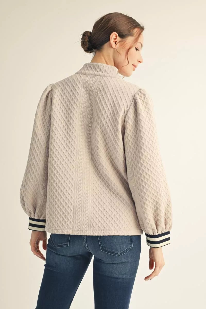 Long Puff Sleeves Front Zip Up Top Beige - Southern Fashion