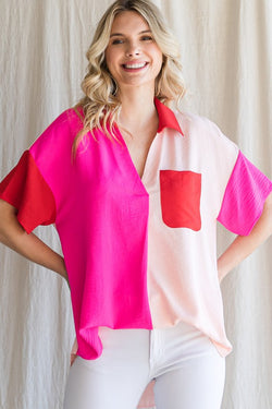 Colorblock Open Collared Top Hot Pink Mix