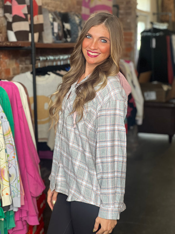 Hooded Plaid Button Down Top Grey/Pink