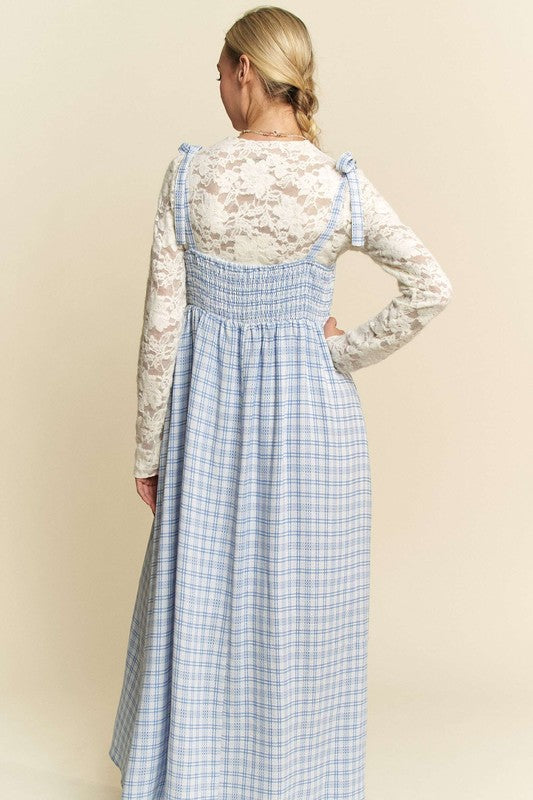 Plaid Smocking Maxi Dress Blue