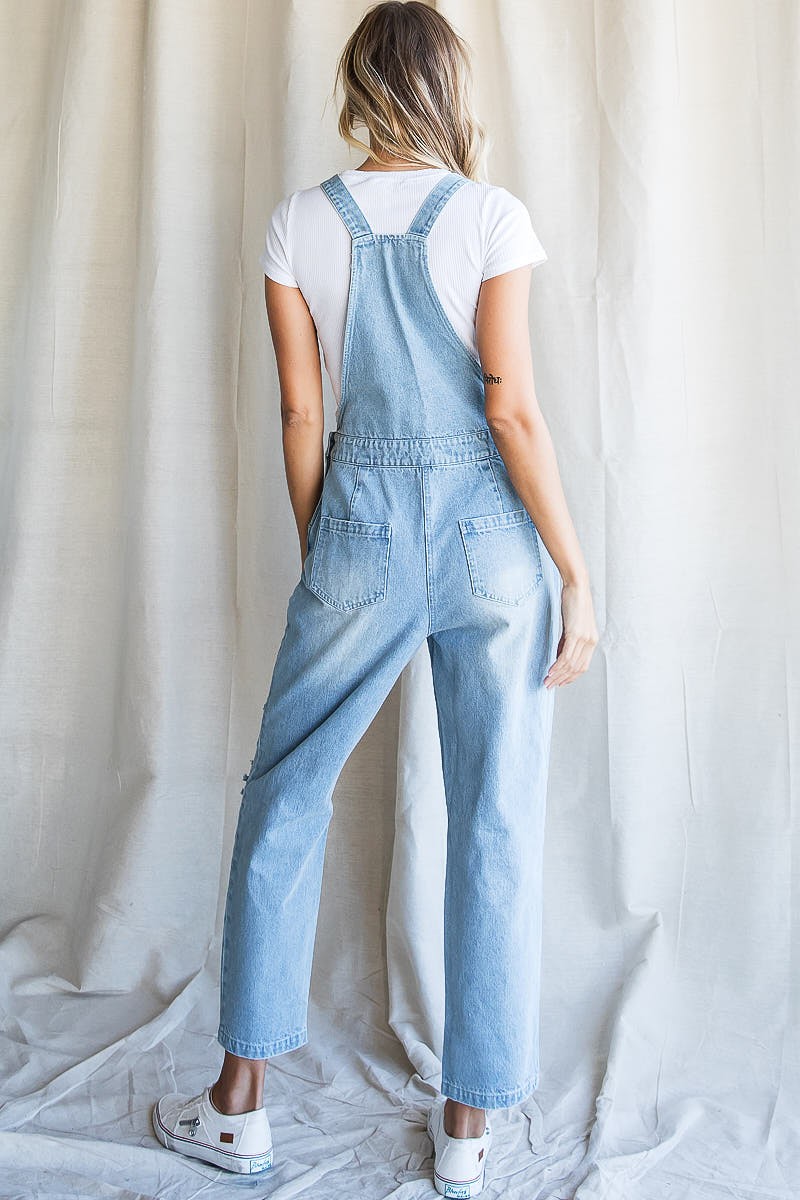 Distressed Overalls With Pockets Denim
