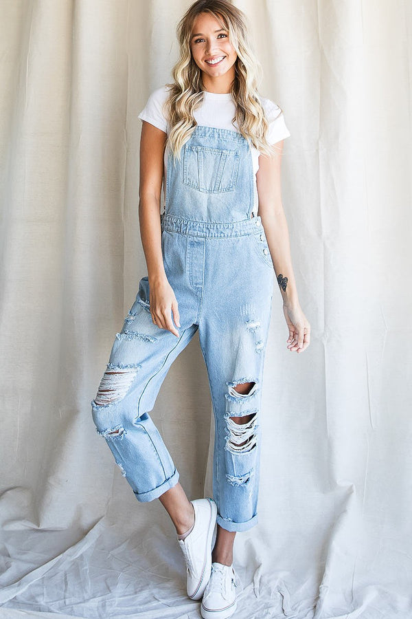 Distressed Overalls With Pockets Denim