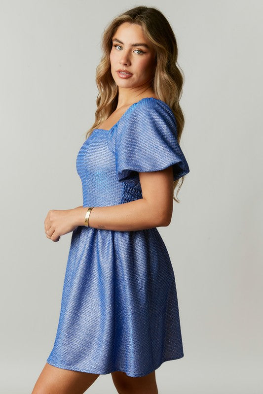 Puff Sleeve Glitter Dress Blue