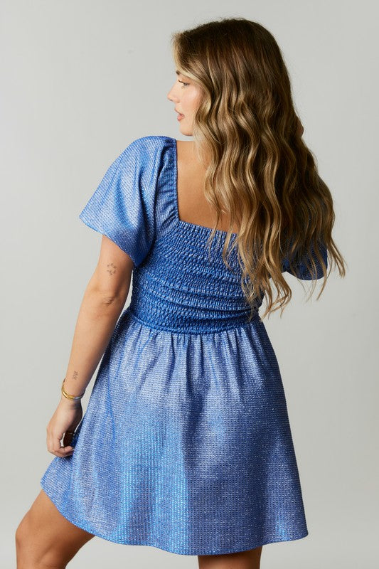 Puff Sleeve Glitter Dress Blue