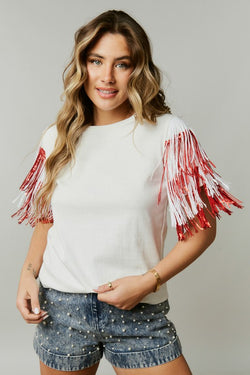 Sequin Fringe Knit Top White/Red