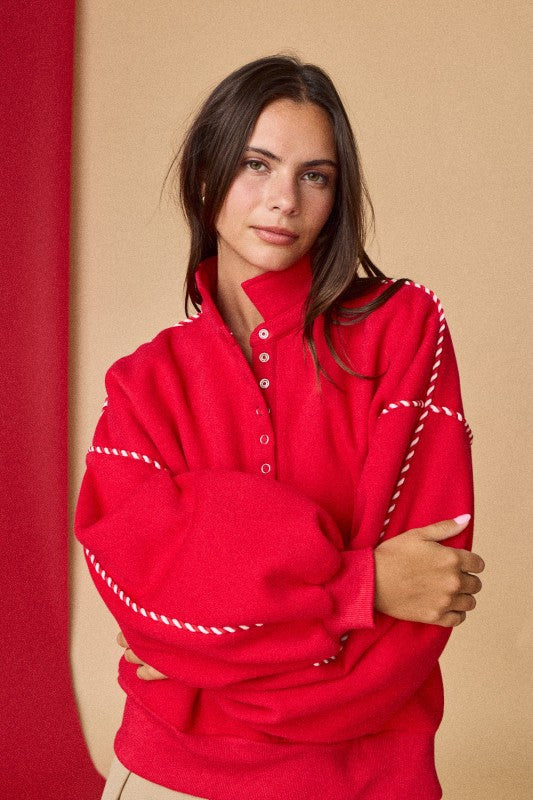 Alexa Contrast Piping Pullover Red