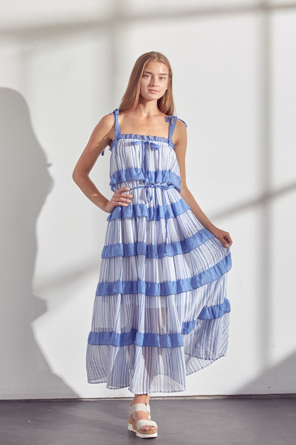 Maxi Squared Neck Dress W/Tie Ocean Blue