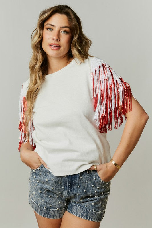 Sequin Fringe Knit Top White/Red