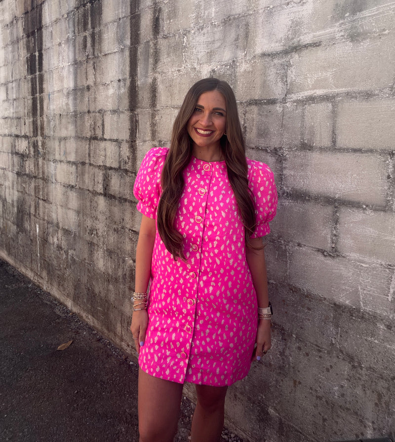 hot pink jacquard dress Textured Puff Sleeve Mini dress