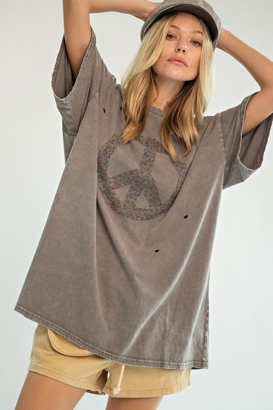 Peace Sign Print Washed Top Ash