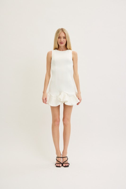 Flutter Ruffle Hem Mini Dress Off White