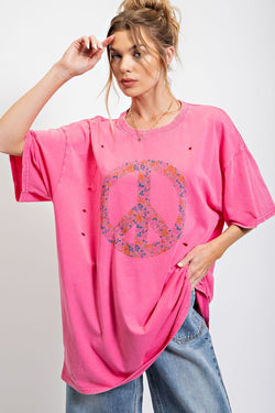 Peace Sign Print Washed Top Bubble Gum