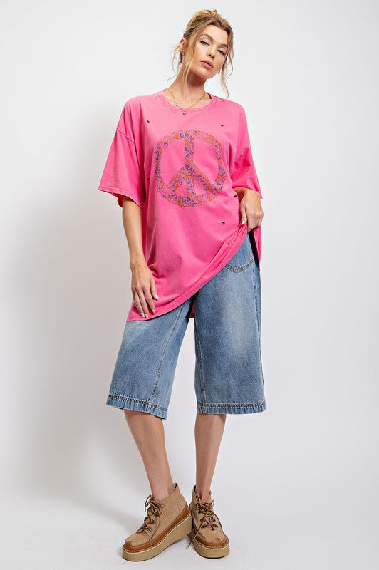 Peace Sign Print Washed Top Bubble Gum