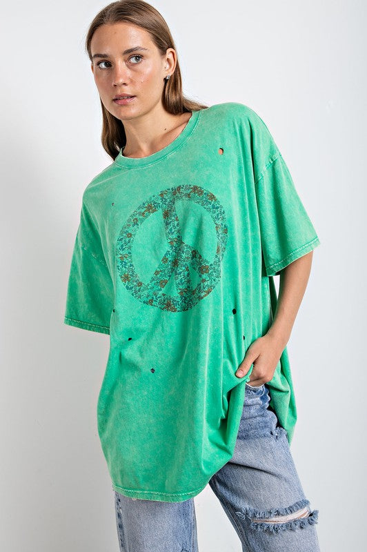 Peace Sign Print Washed Top Evergreen
