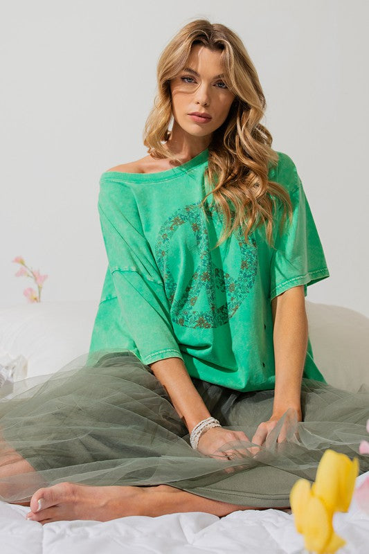 Peace Sign Print Washed Top Evergreen