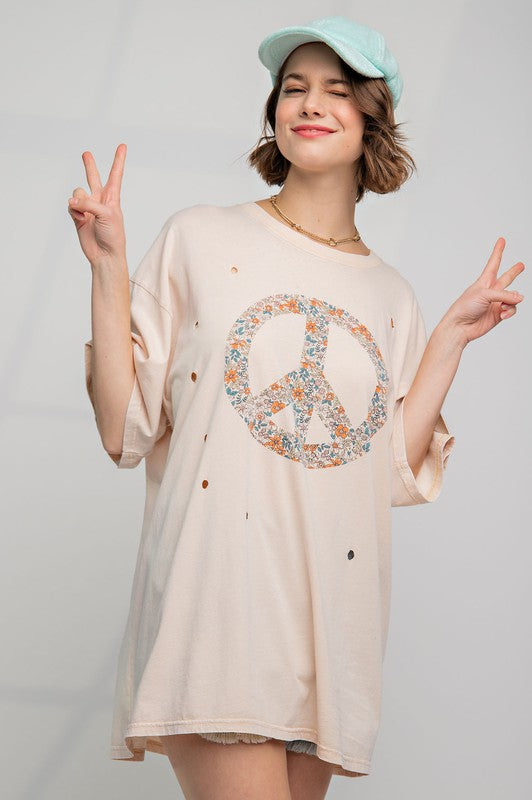 Peace Sign Print Washed Top Oatmeal
