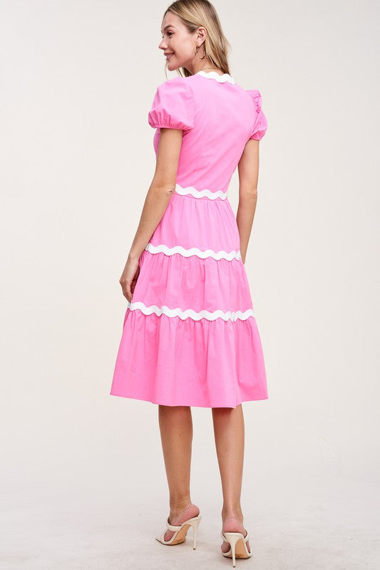 Puff Sleeve Midi Dress Pink