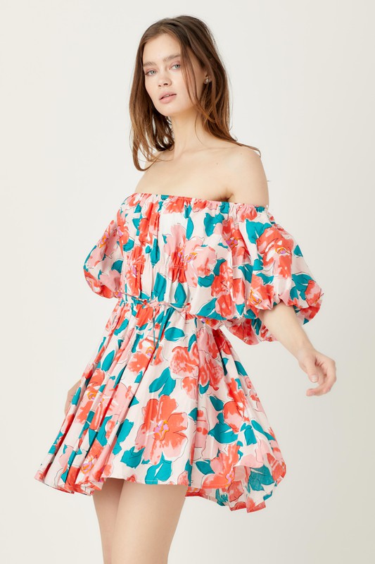 Bubble Sleeve Flare Mini Dress Coral Floral