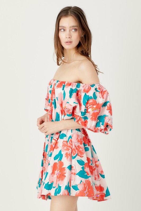 Bubble Sleeve Flare Mini Dress Coral Floral