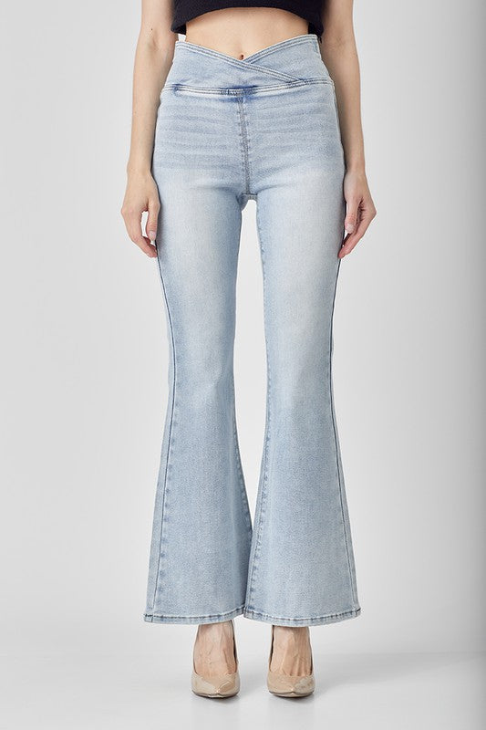 High Rise Pull On Flair Jeans Light Denim