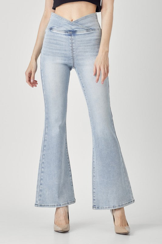 High Rise Pull On Flair Jeans Light Denim