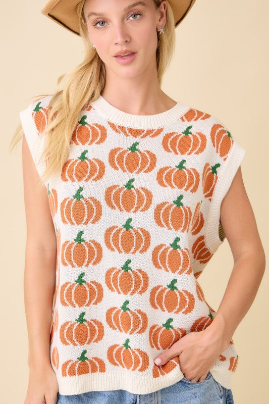Pumpkin Print Sleevless Sweater Knit Top Ivory